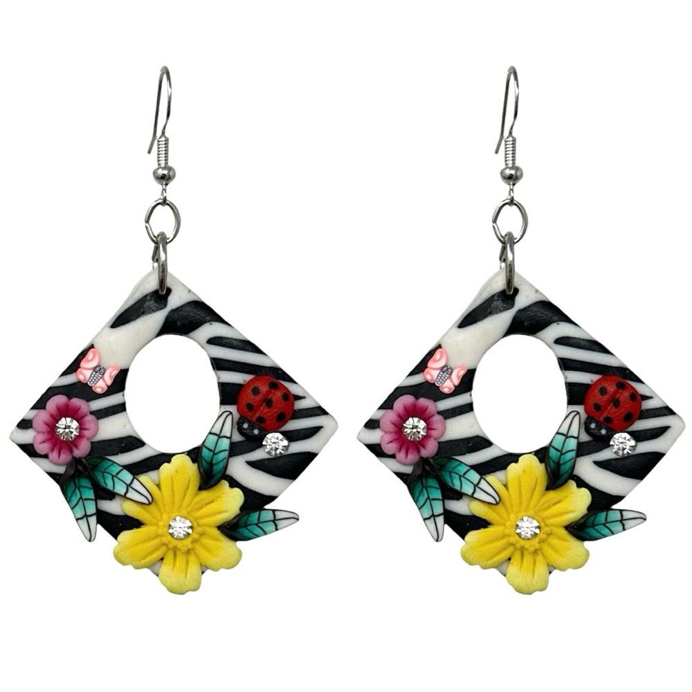 Flowers & Zebra Print Fimo Polymer Clay Handmade Dangle Earrings